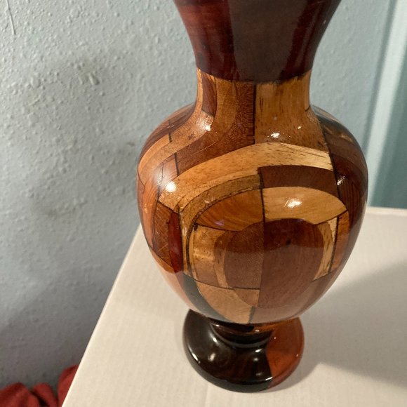 VTG Hand Turned Studio Marquetry Wooden Vase-7.25" H-Multicolored Patterns-VGUC - Picture 8 of 10